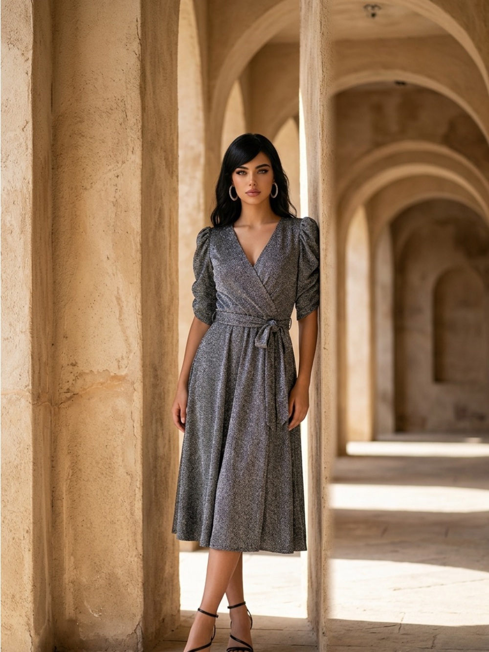 Jessica Howard Silver Wrap Midi Dress with Puff Sleeves